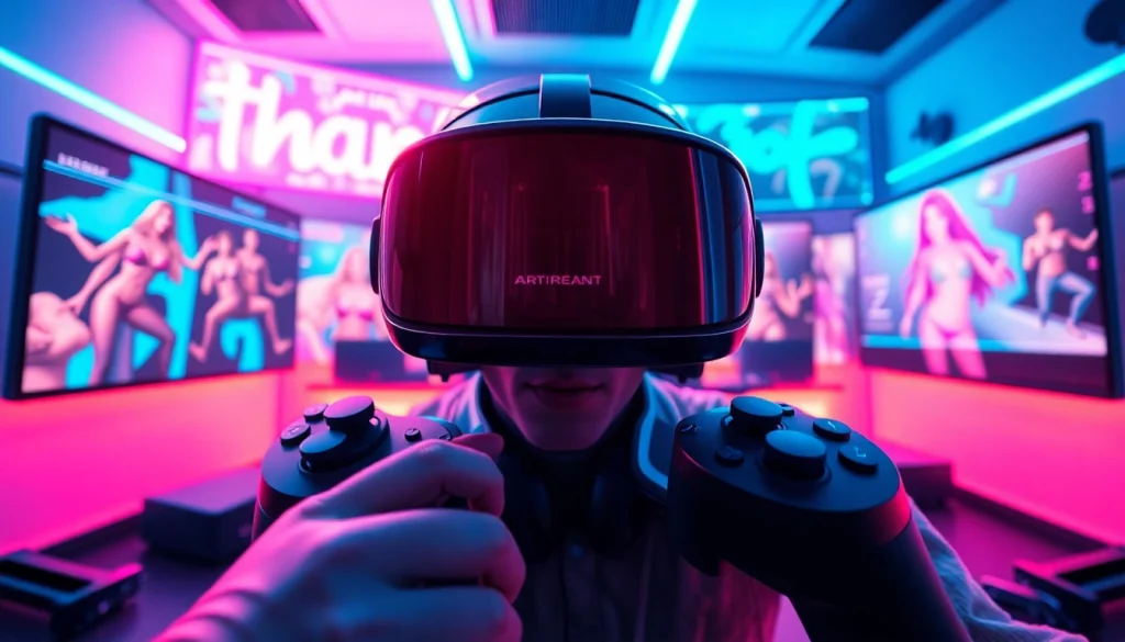 Porn games AI in a dynamic virtual reality setup featuring immersive adult-themed gaming graphics.