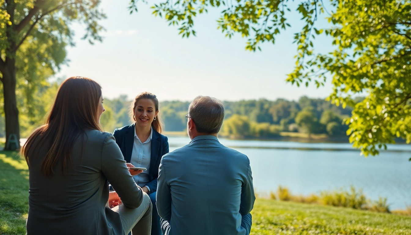 Entrepreneurs break in a serene outdoor setting discussing strategies amidst nature.