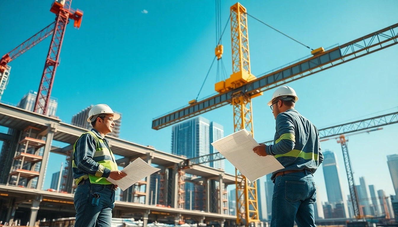 Workers coordinating structural steel installation with cranes at a busy construction site.
