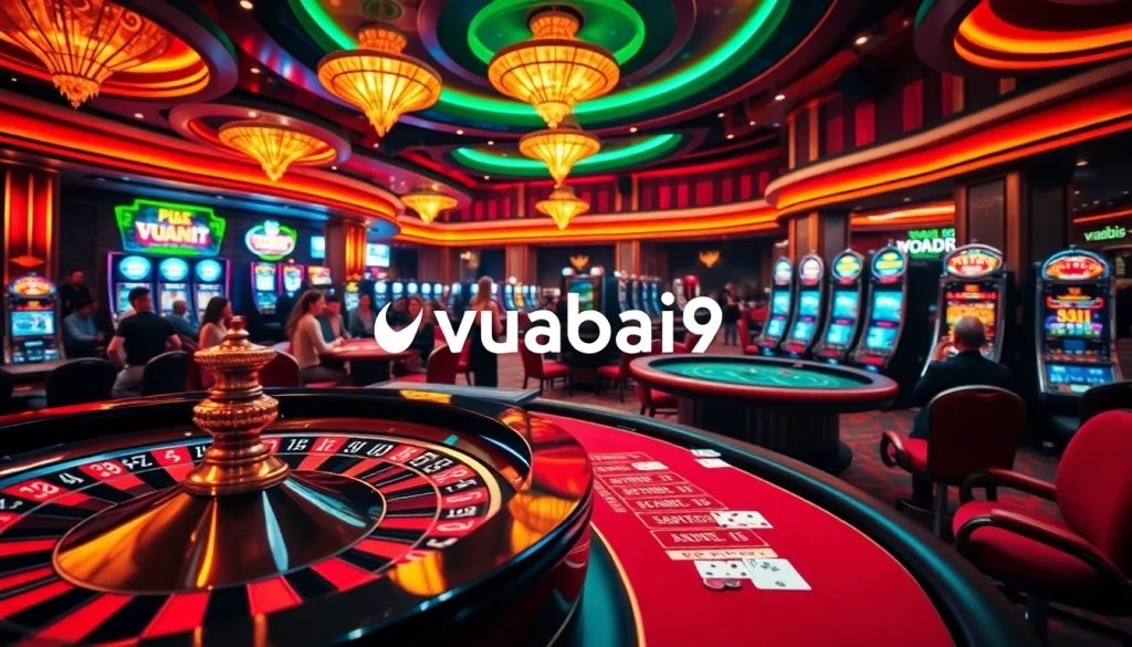 Experience excitement at vuabai9 with a vibrant casino scene showcasing roulette and poker action.