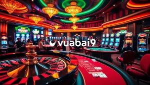 Experience excitement at vuabai9 with a vibrant casino scene showcasing roulette and poker action.
