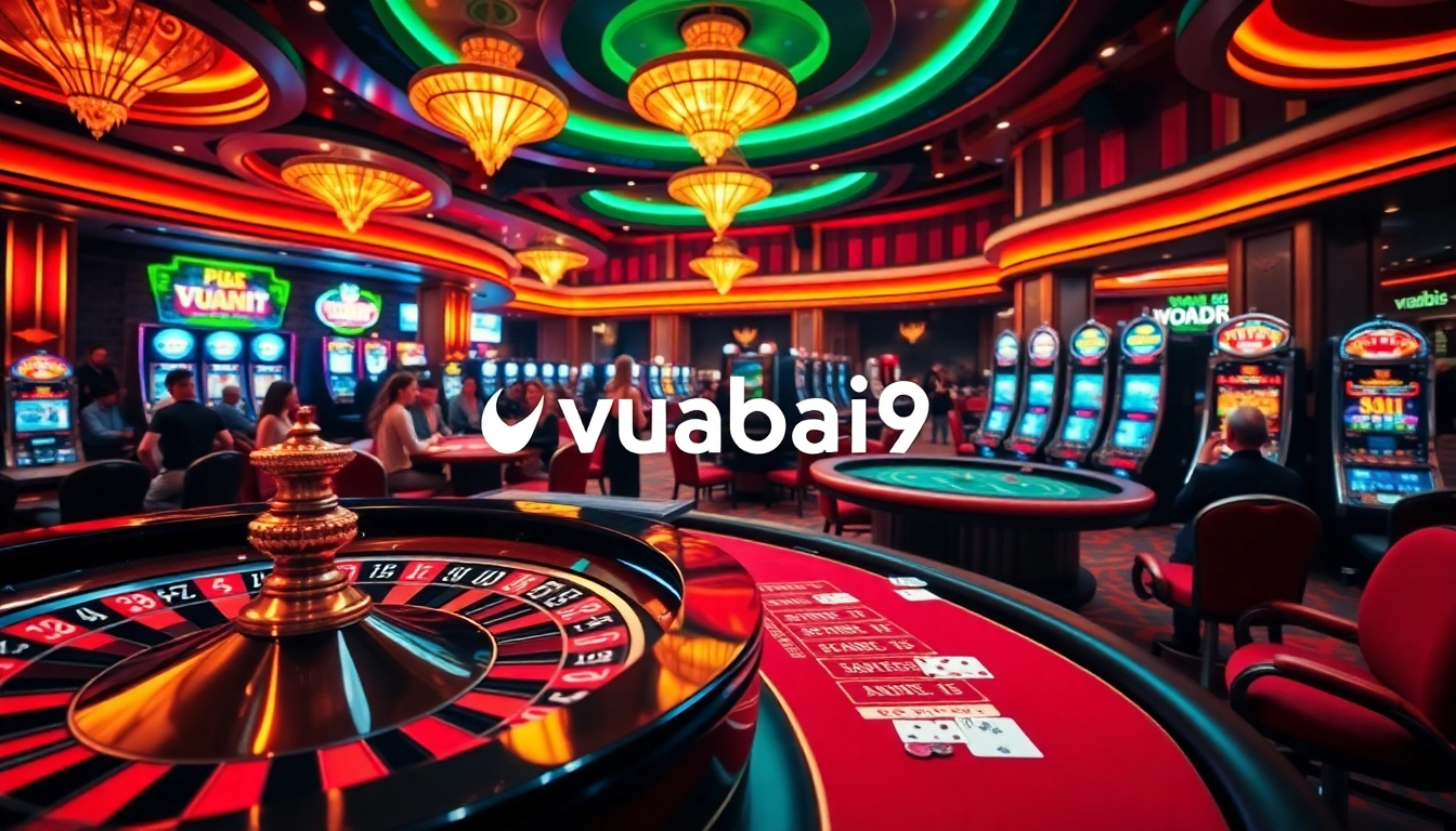Experience excitement at vuabai9 with a vibrant casino scene showcasing roulette and poker action.