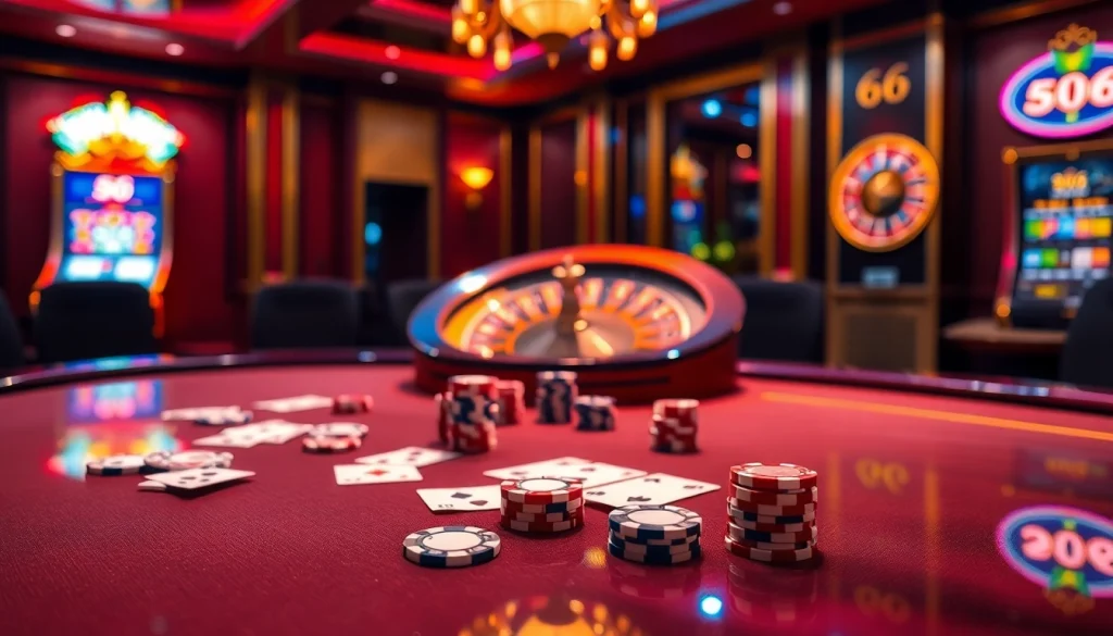 Experience the thrill of Số Đỏ 66 with an exciting casino atmosphere full of cards, chips, and vibrant slots.