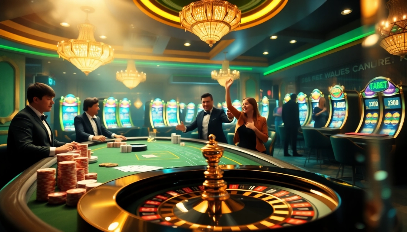 Experience the excitement of FABET with players enjoying a vibrant casino atmosphere filled with poker games and slots.