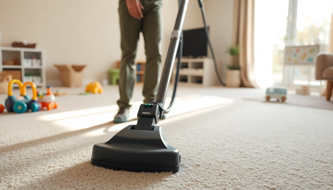 Expert carpet cleaning near me showcasing a technician working diligently in a sunlit room.