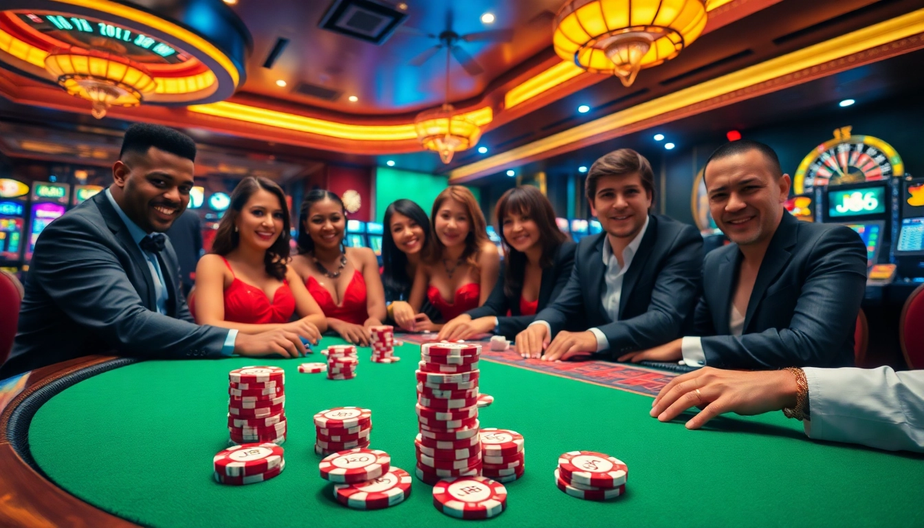 J88 poker chips shine strategically as players engage in high-stakes poker action in a luxury casino.
