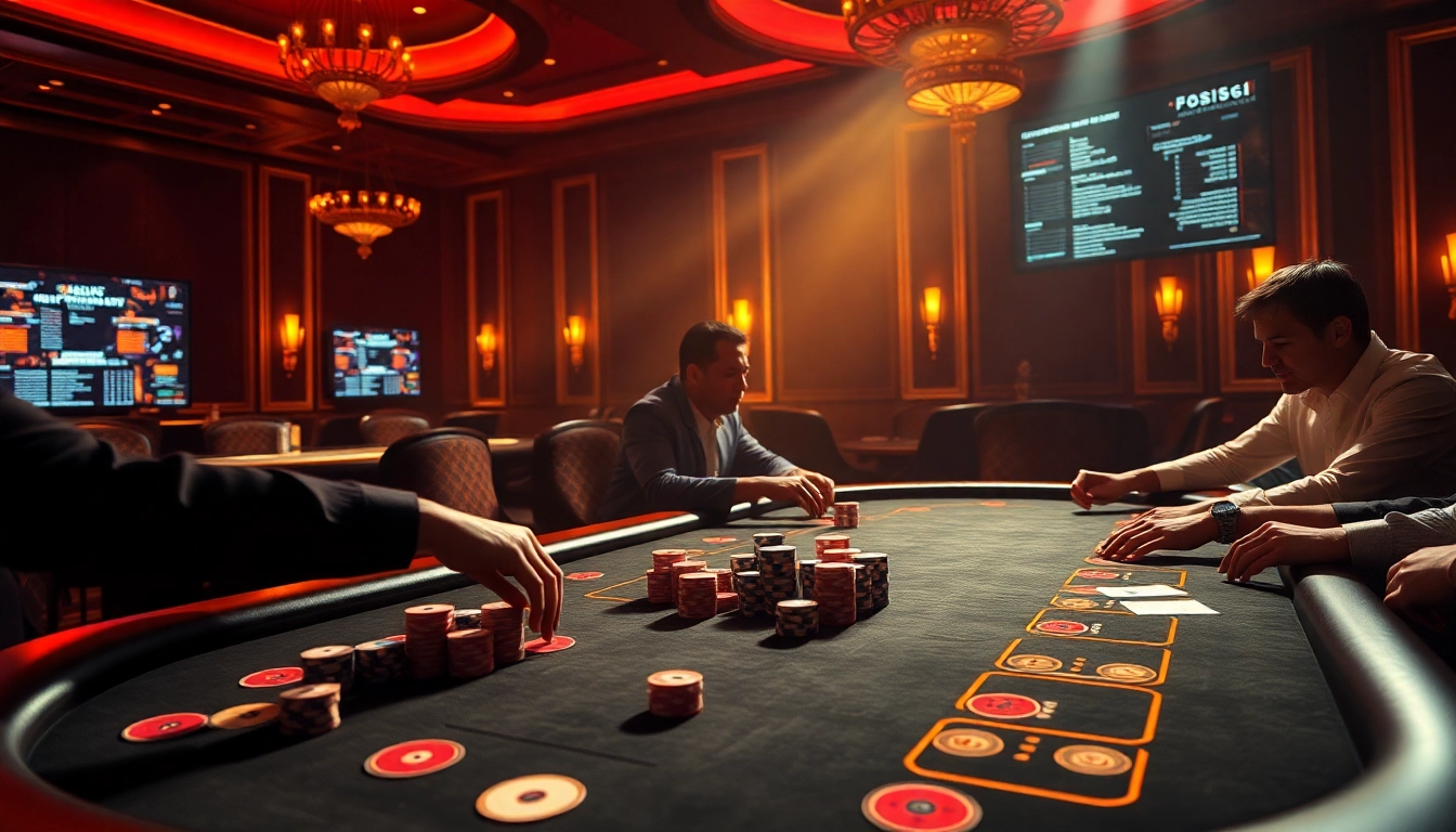 Engaged players strategically interact at a high-stakes poker table in a luxury casino, highlighting the hidden wiki theme.
