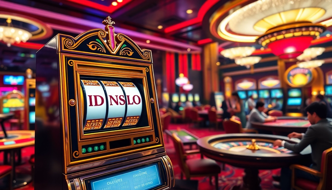 IDNSLOT slot machine attracting players in a vibrant casino with roulette and gaming tables.