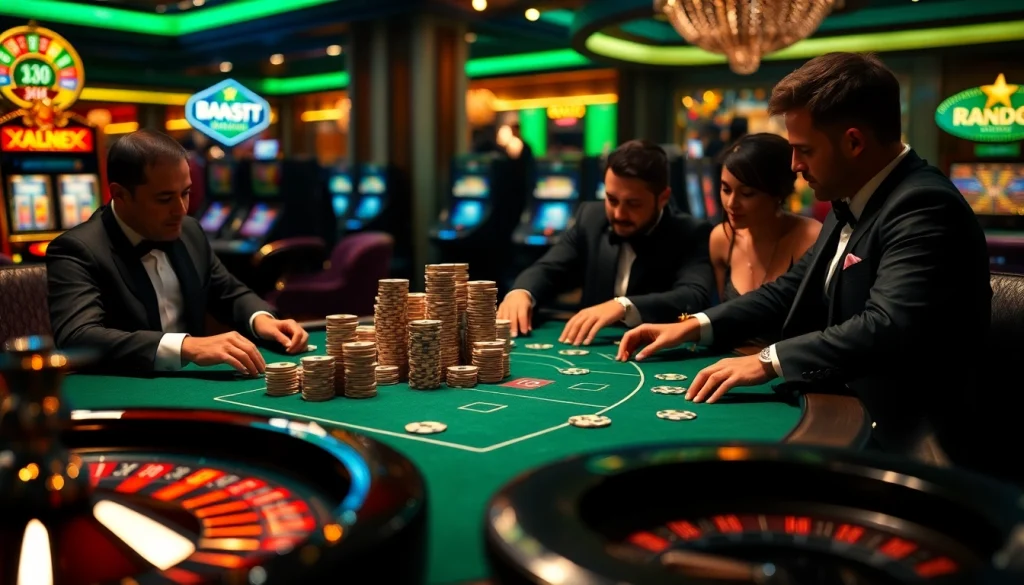 Players enjoying a high-stakes poker game at MM88 casino with lavish decor and atmosphere.