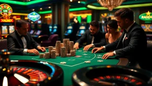 Players enjoying a high-stakes poker game at MM88 casino with lavish decor and atmosphere.