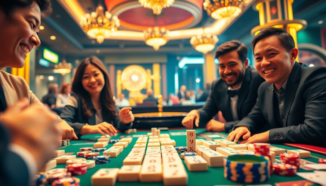 Players immerse in an exciting Mahjong game, enhancing link mahjong excitement on a vibrant casino table.