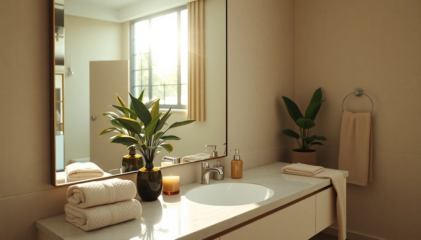 Illuminated mirror with Lights reflecting a stylish bathroom setup, complementing elegant decor.