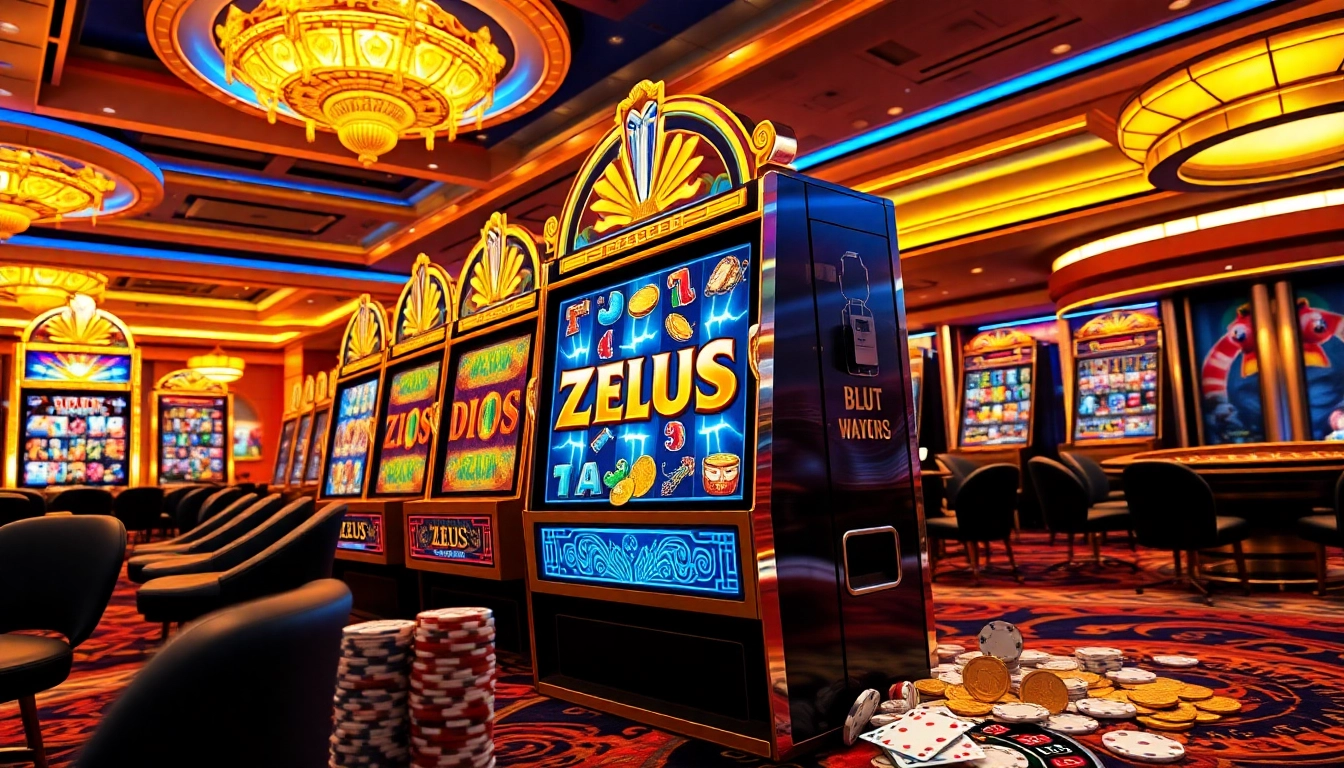 Spin the Zeus slot machine with golden coins and cascading thunderbolts in a luxurious casino setting