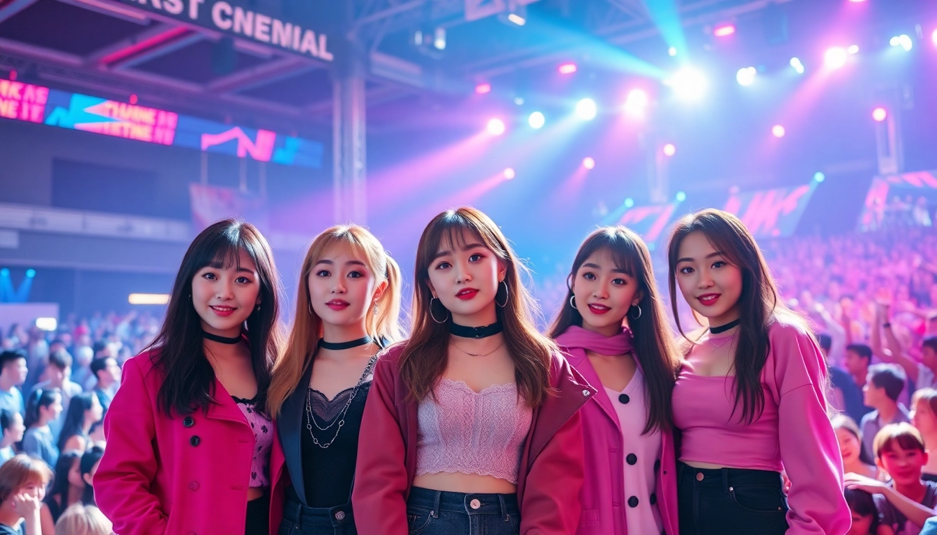 blackpink members performing energetically on stage during a concert with vibrant lights