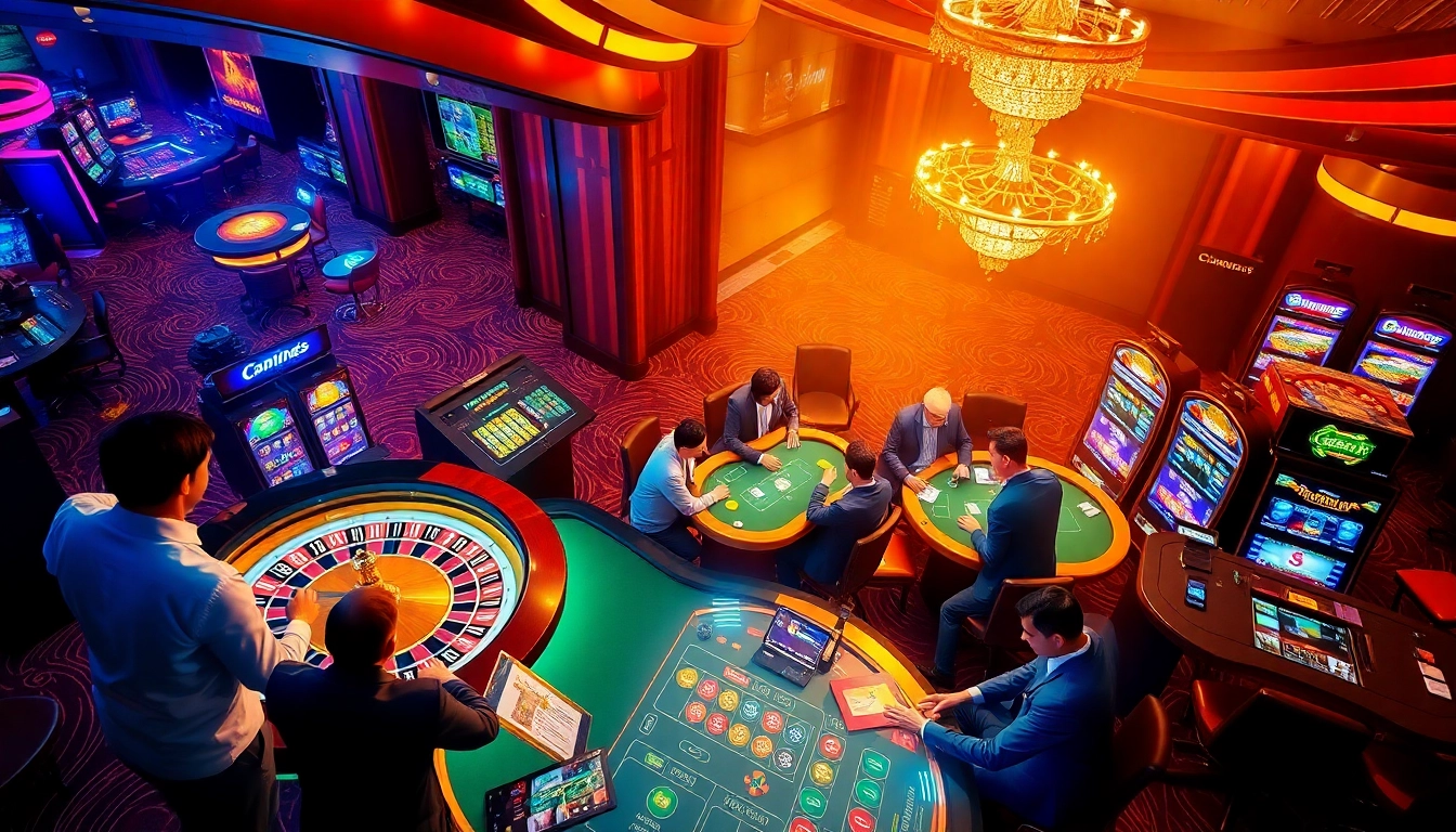 Experience thrilling gameplay with onicplay as players enjoy poker tables and slot machines in a luxurious casino.