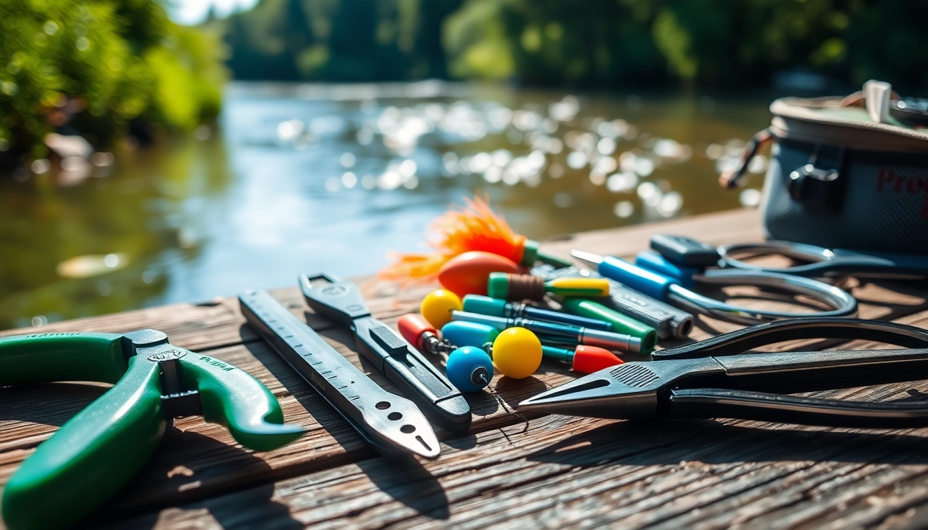 Showcasing Fly fishing accessories neatly arranged with a serene river backdrop, emphasizing quality tools.