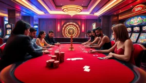 Experience the thrill of Tk88 poker with vibrant chips and cards at a luxurious casino table.