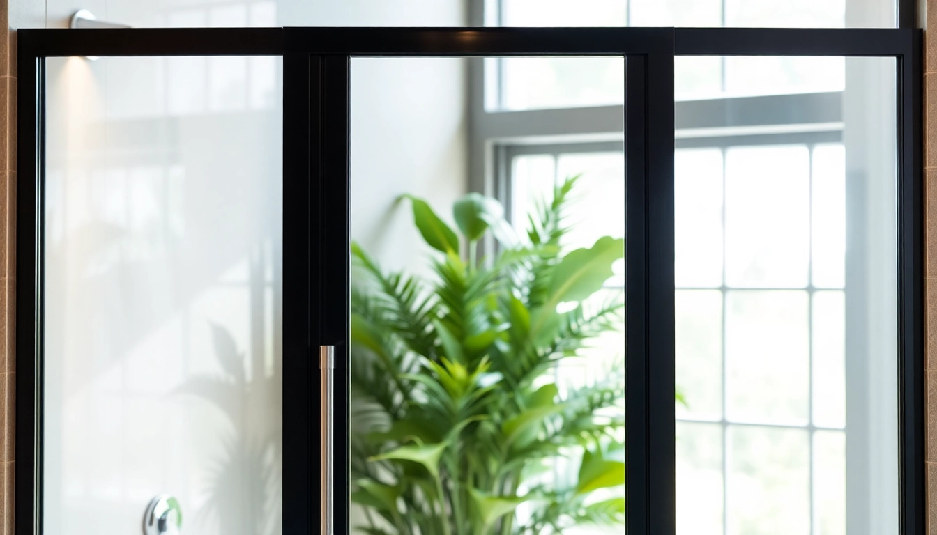 Showcase a modern black shower door with a sleek frame enhancing bathroom elegance.