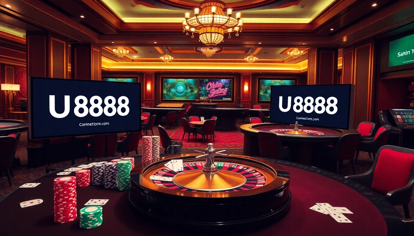 U888 branding on a luxurious casino table with poker chips and cards in action.