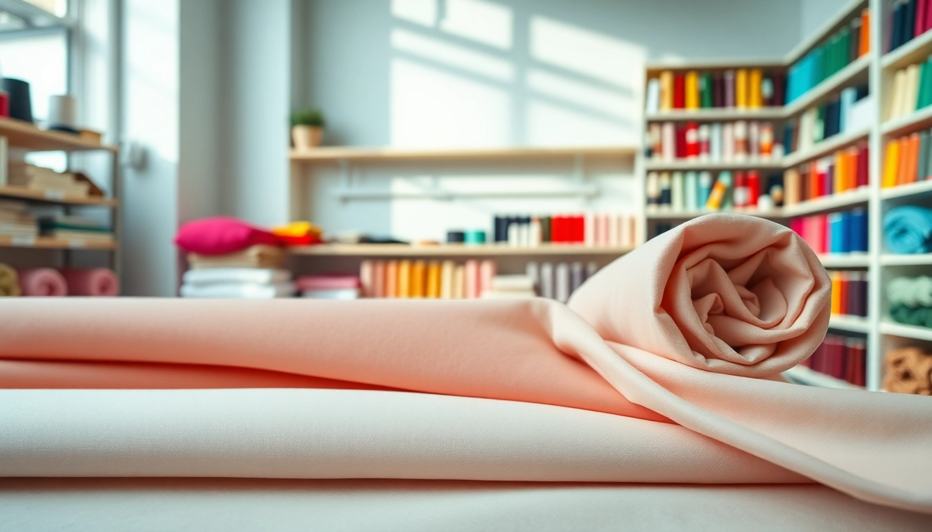 Popup display met poplin stof in een sfeervolle stoffenwinkel.