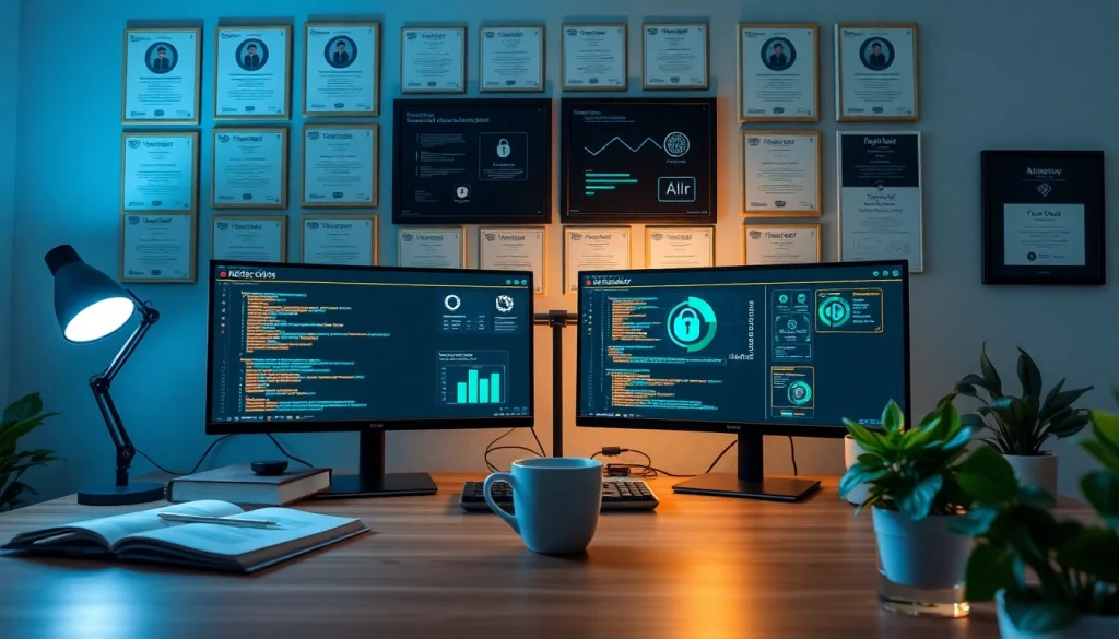 Modern workspace highlighting infosec with security monitors, certifications, and tech ambiance.