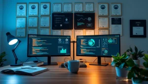 Modern workspace highlighting infosec with security monitors, certifications, and tech ambiance.