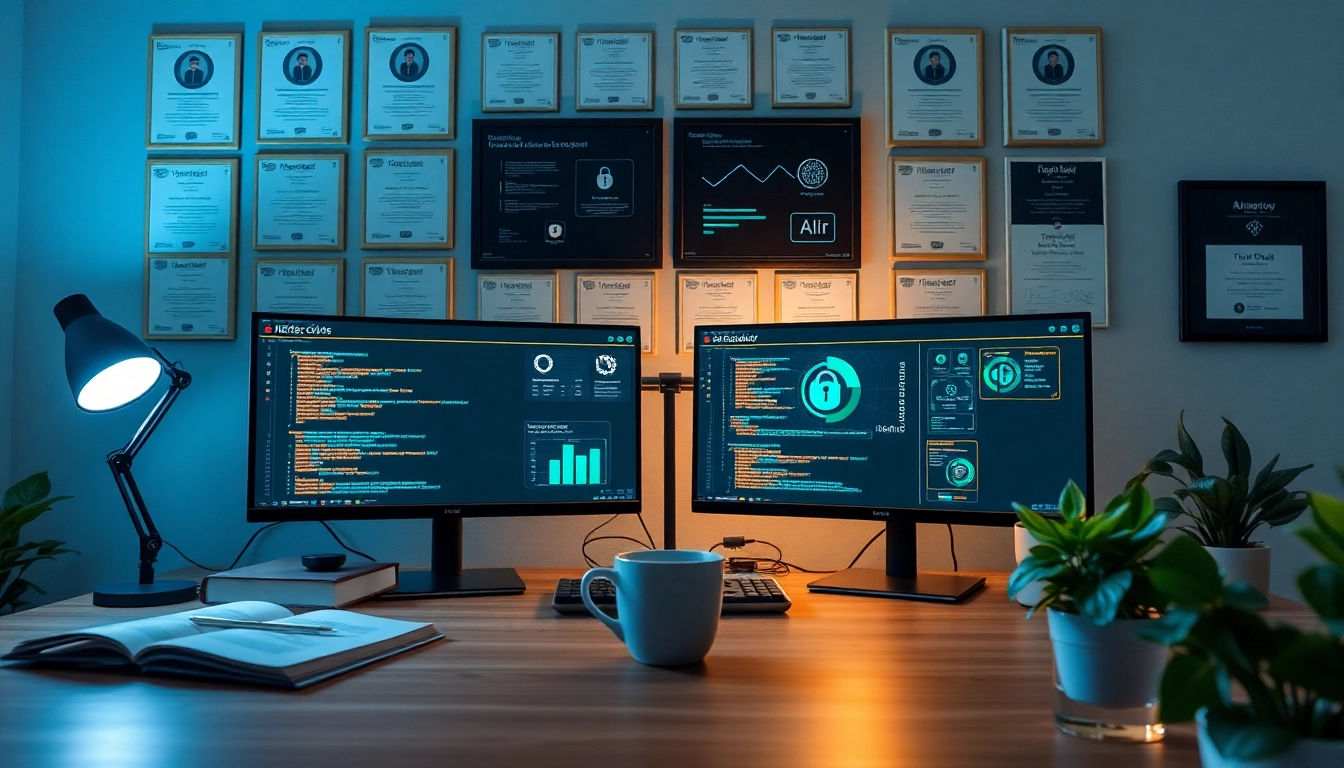 Modern workspace highlighting infosec with security monitors, certifications, and tech ambiance.
