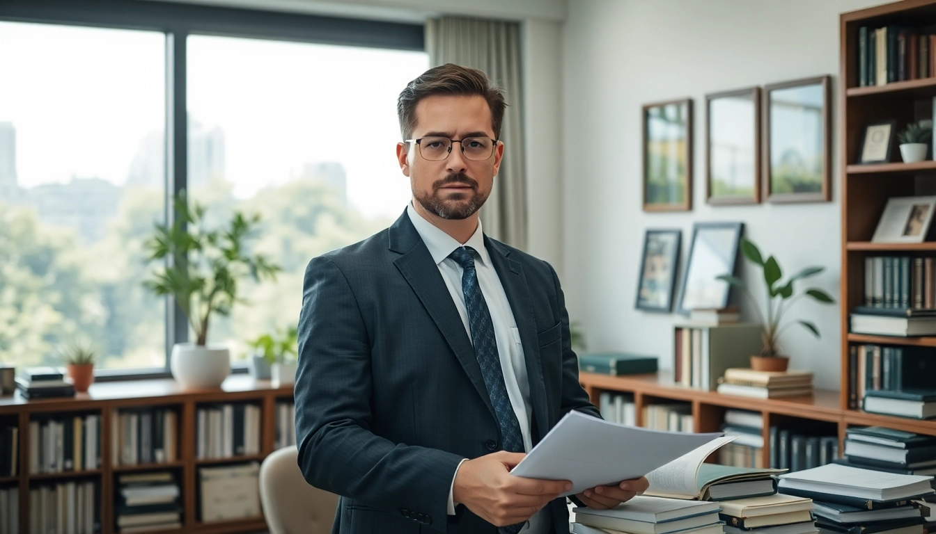 Environmental lawyer discussing sustainable practices in a modern office with nature-themed decor.