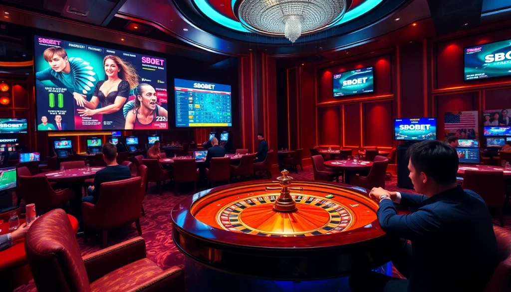 SBOBET online gambling interface in a luxurious casino setting, showcasing vibrant betting action.
