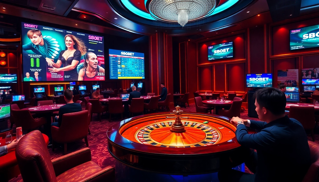 SBOBET online gambling interface in a luxurious casino setting, showcasing vibrant betting action.