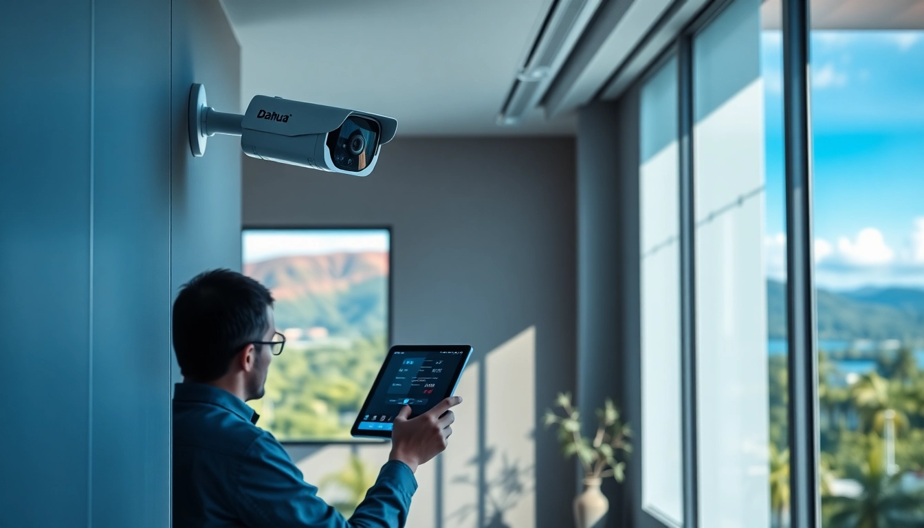 Cámaras Dahua brindando vigilancia de seguridad en una instalación de oficina en Guanacaste, mostrando tecnología avanzada.