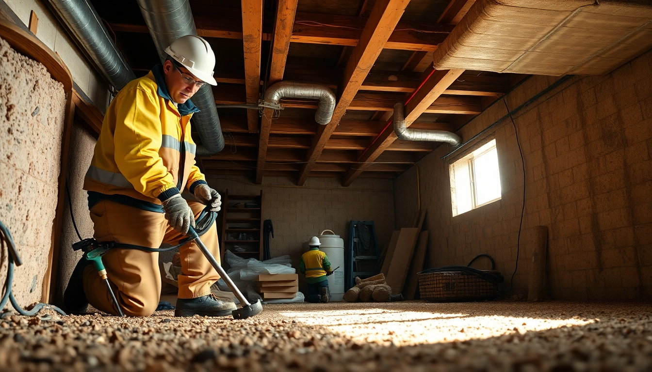 Crawl Space Restoration with technicians repairing a damp area, showcasing revitalization efforts.