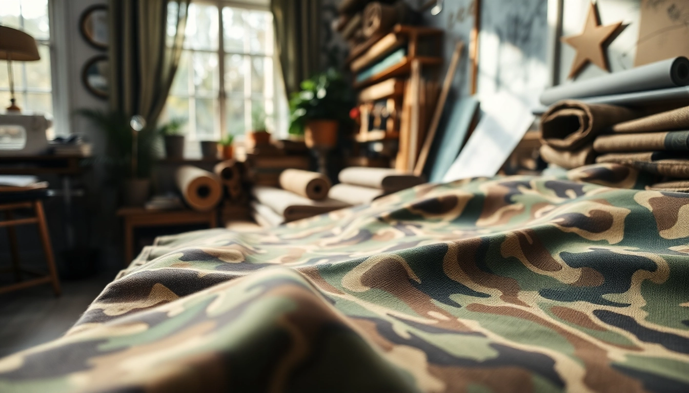 Bekijk verschillende camouflage stoffen in een creatieve stoffenstudio met natuurlijke verlichting.