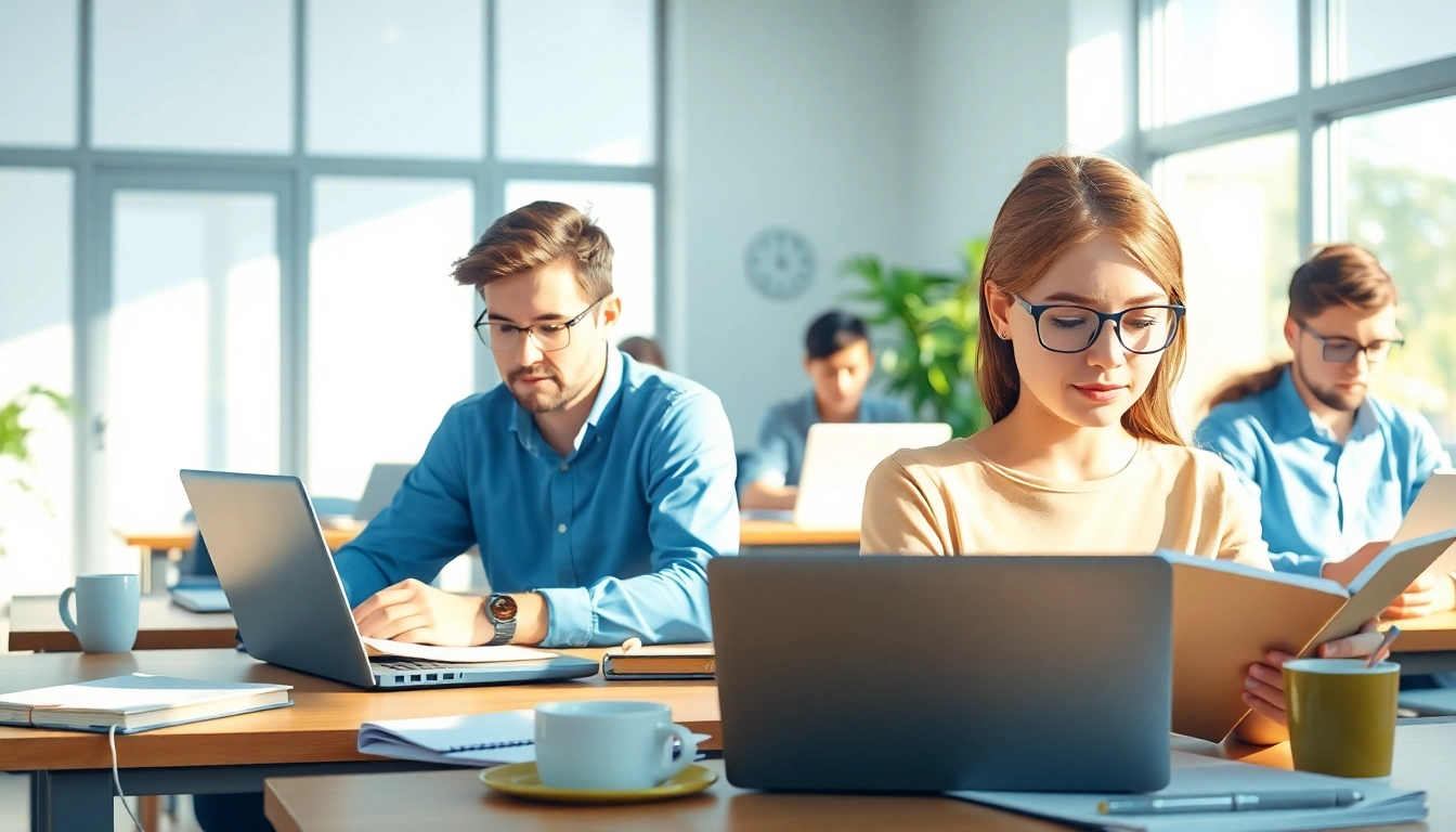 Individuals engaged in study to pass IT certification exams in a bright, focused environment.