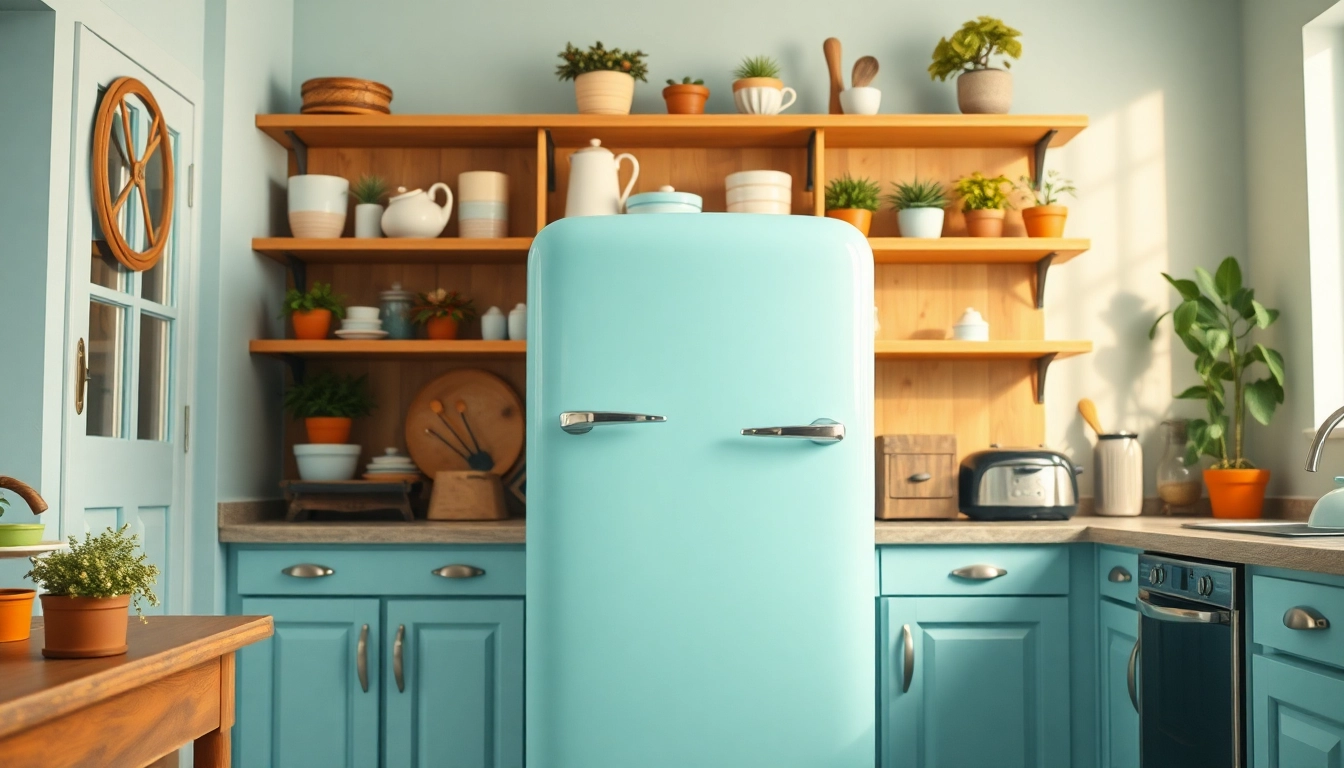 Highlighting a Retro Appliance, a pastel blue refrigerator in a charming vintage kitchen.